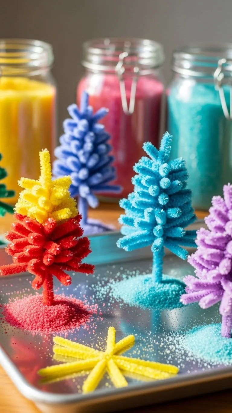 Colorful DIY Rainbow Crystal Forest project with vibrant crystals and natural elements.
