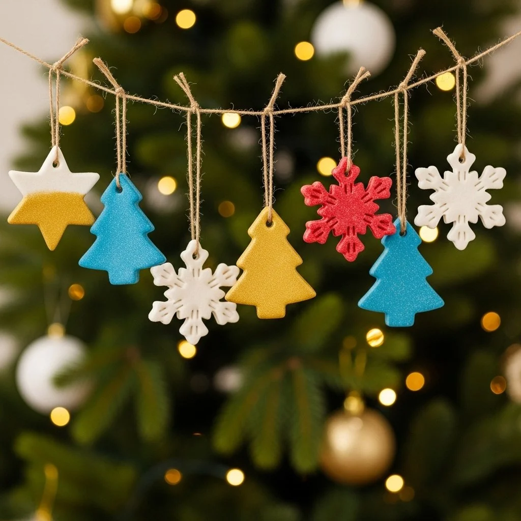 A collection of DIY salt dough ornaments in various shapes and colors.