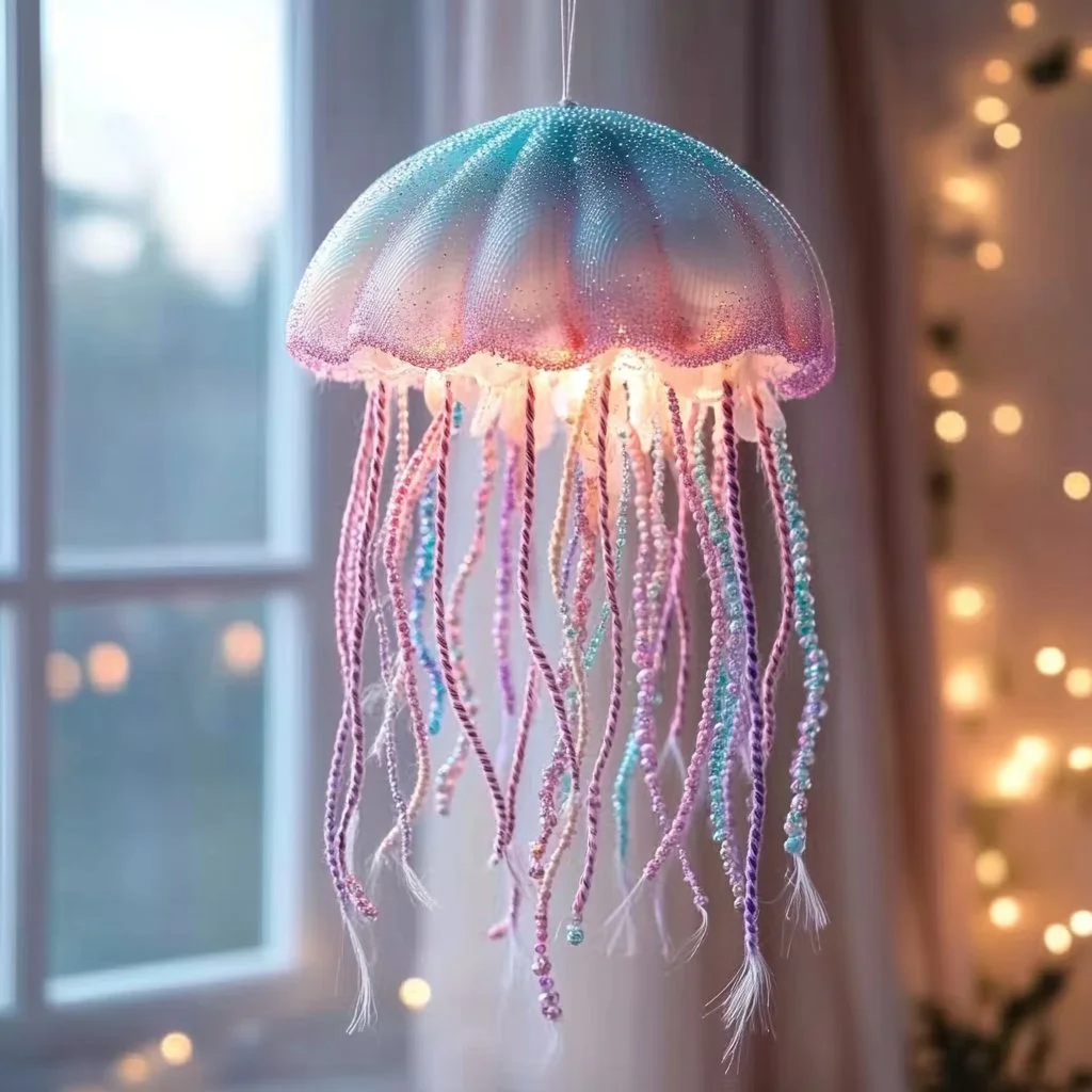 Colorful DIY seashell jellyfish hanging decor made from shells and ribbons.