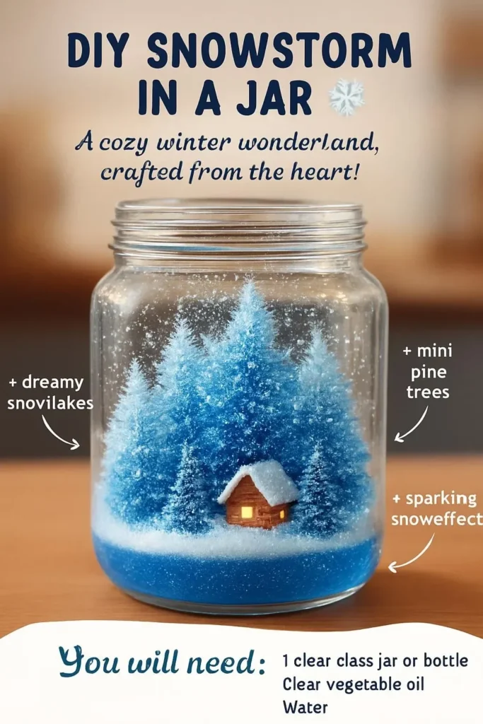 DIY snowstorm in a jar with glitter and water for winter decoration