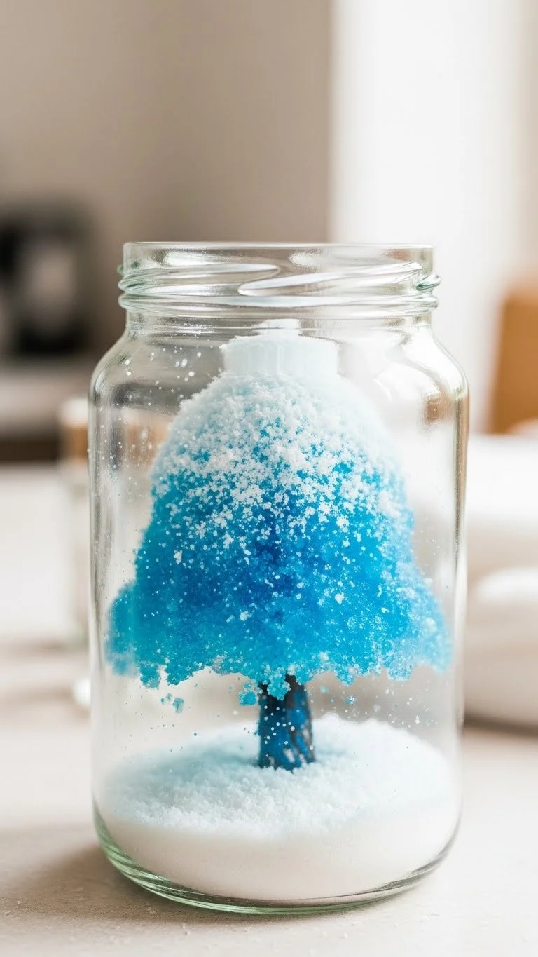 DIY snowstorm in a jar craft project with snowflakes and glitter
