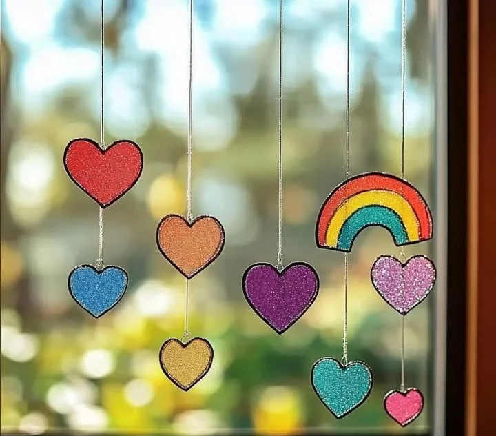Colorful DIY window cling suncatchers hanging in a sunny window