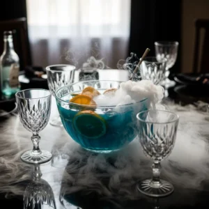 A bowl of Dry Ice Foggy Midnight Punch with swirling fog and vibrant colors.