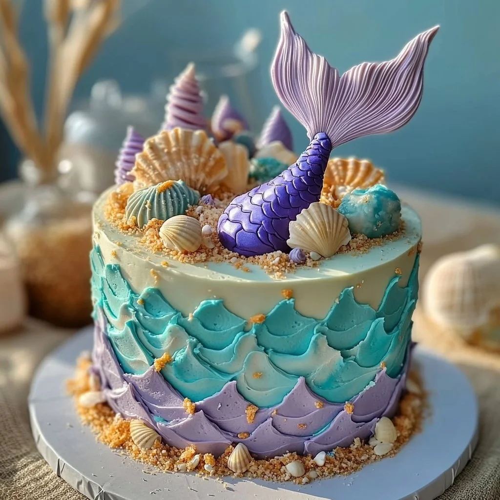 Delicious edible Mermaid Beach Cake decorated with ocean-themed elements