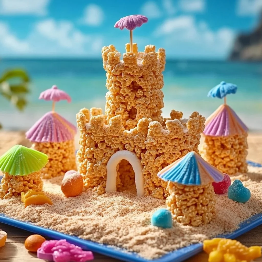 Edible sandcastle made with Rice Krispies treats for a fun beach-themed snack