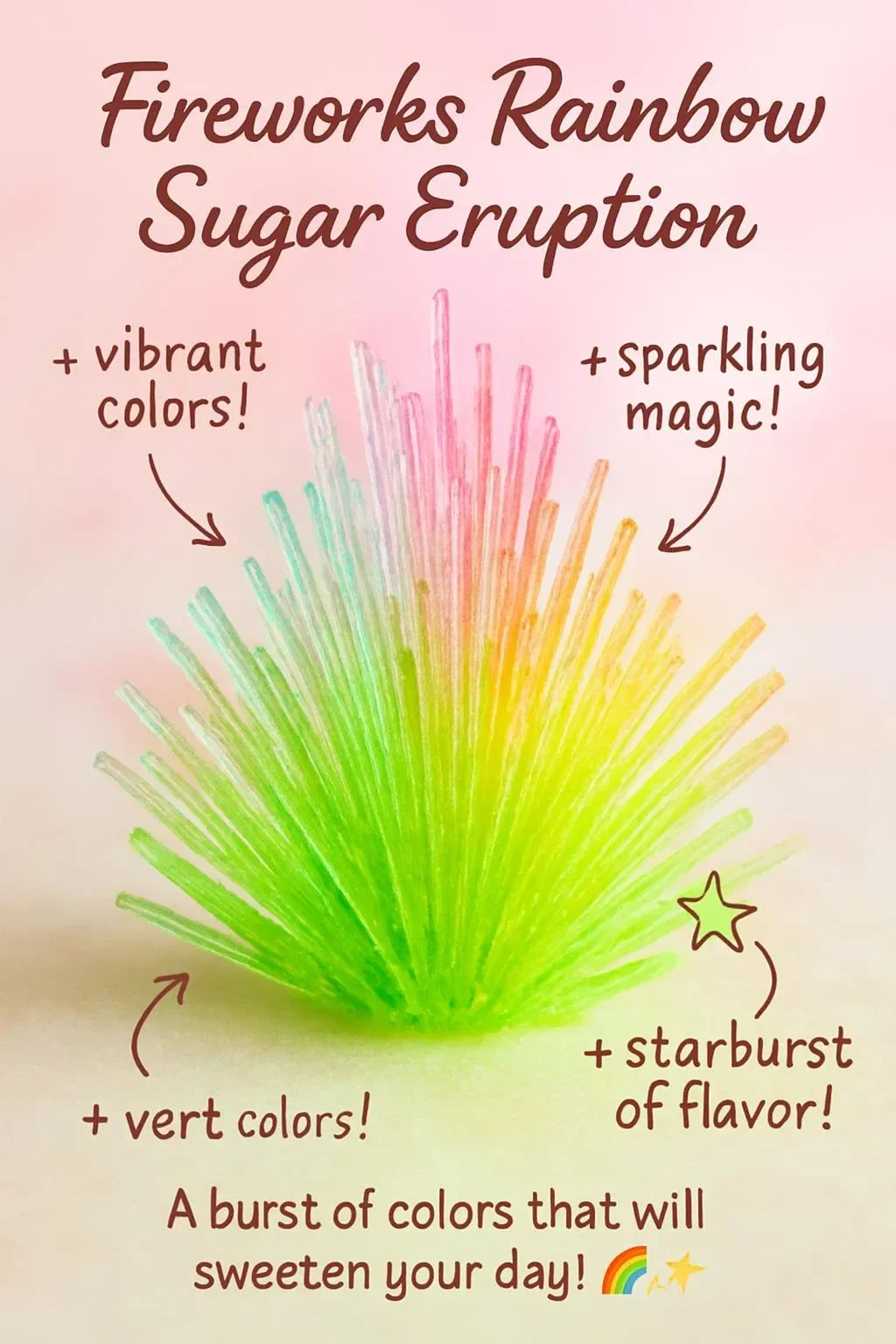 Colorful fireworks demonstrating the Rainbow Sugar Eruption effect in the night sky.