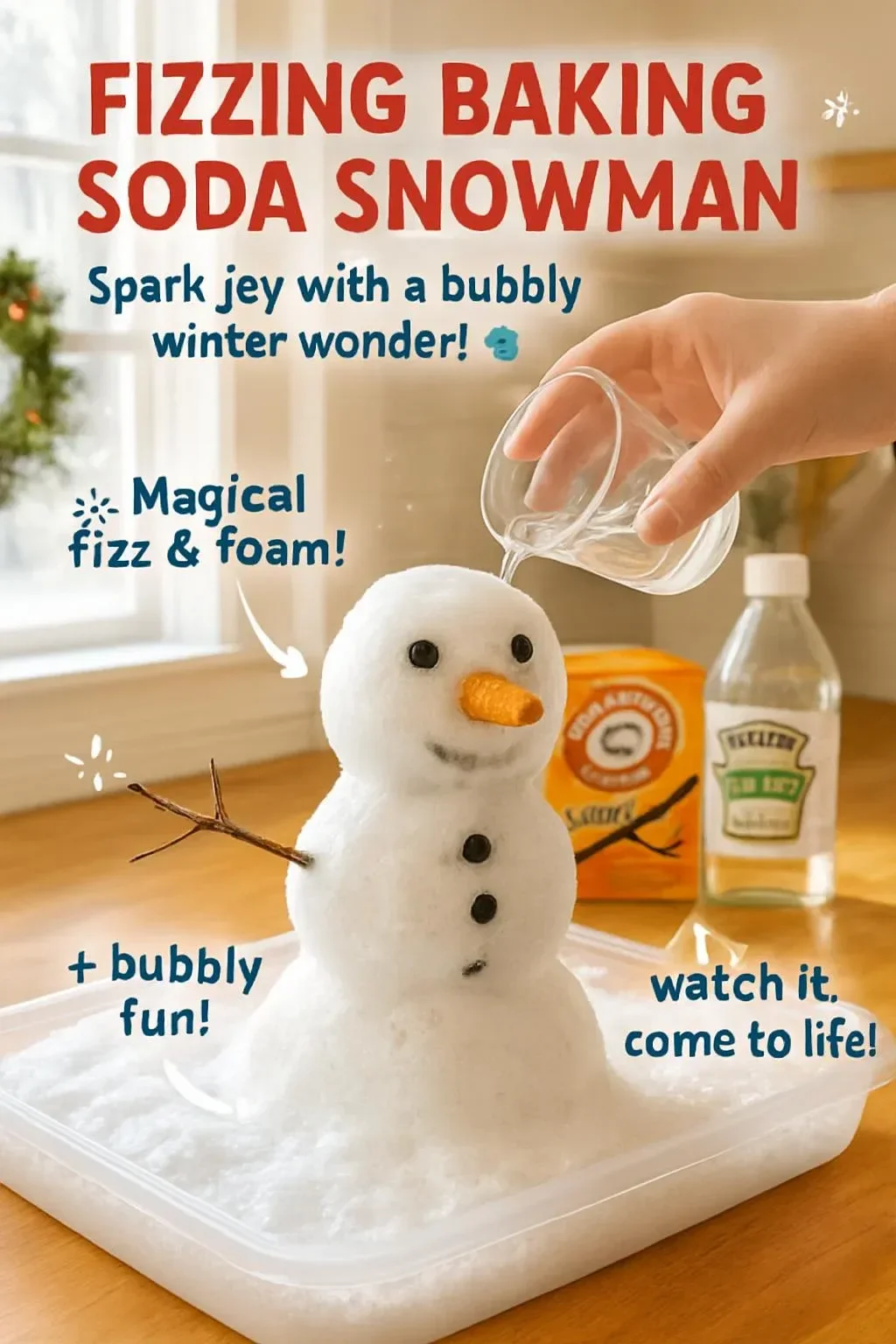 Fizzing baking soda snowman experiment with colorful reactions and winter fun.