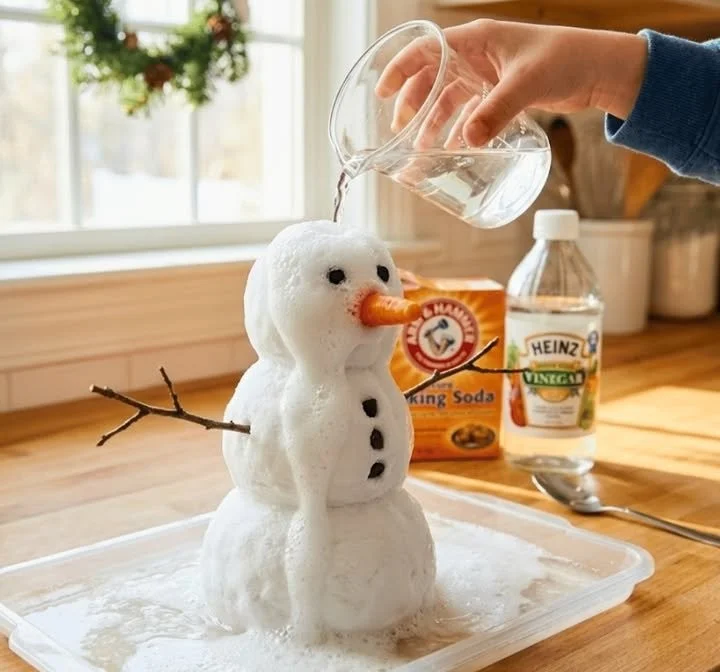 Children enjoying a fizzing baking soda snowman activity for winter fun.