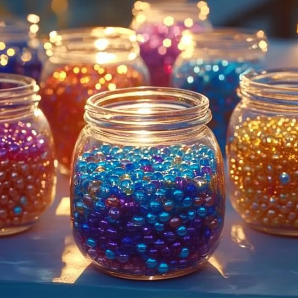 Floating beads jar showcasing sparkly calm decor elements