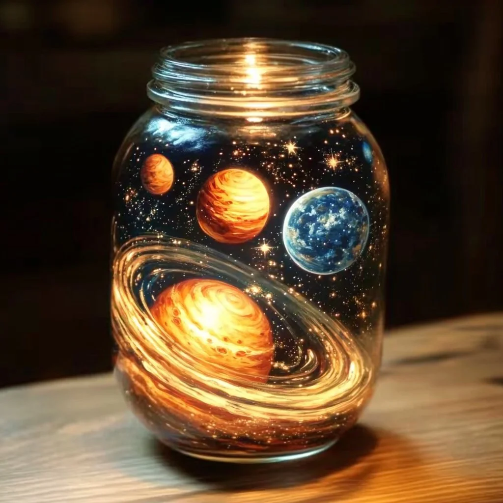Floating Planet Jar featuring a miniature solar system in a decorative bottle.