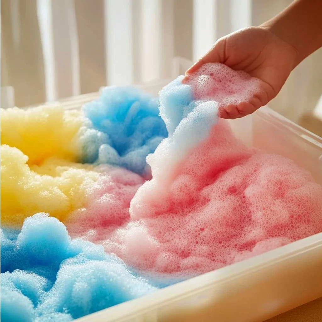 Bowl filled with fluffy dish soap foam for sparkling clean dishes
