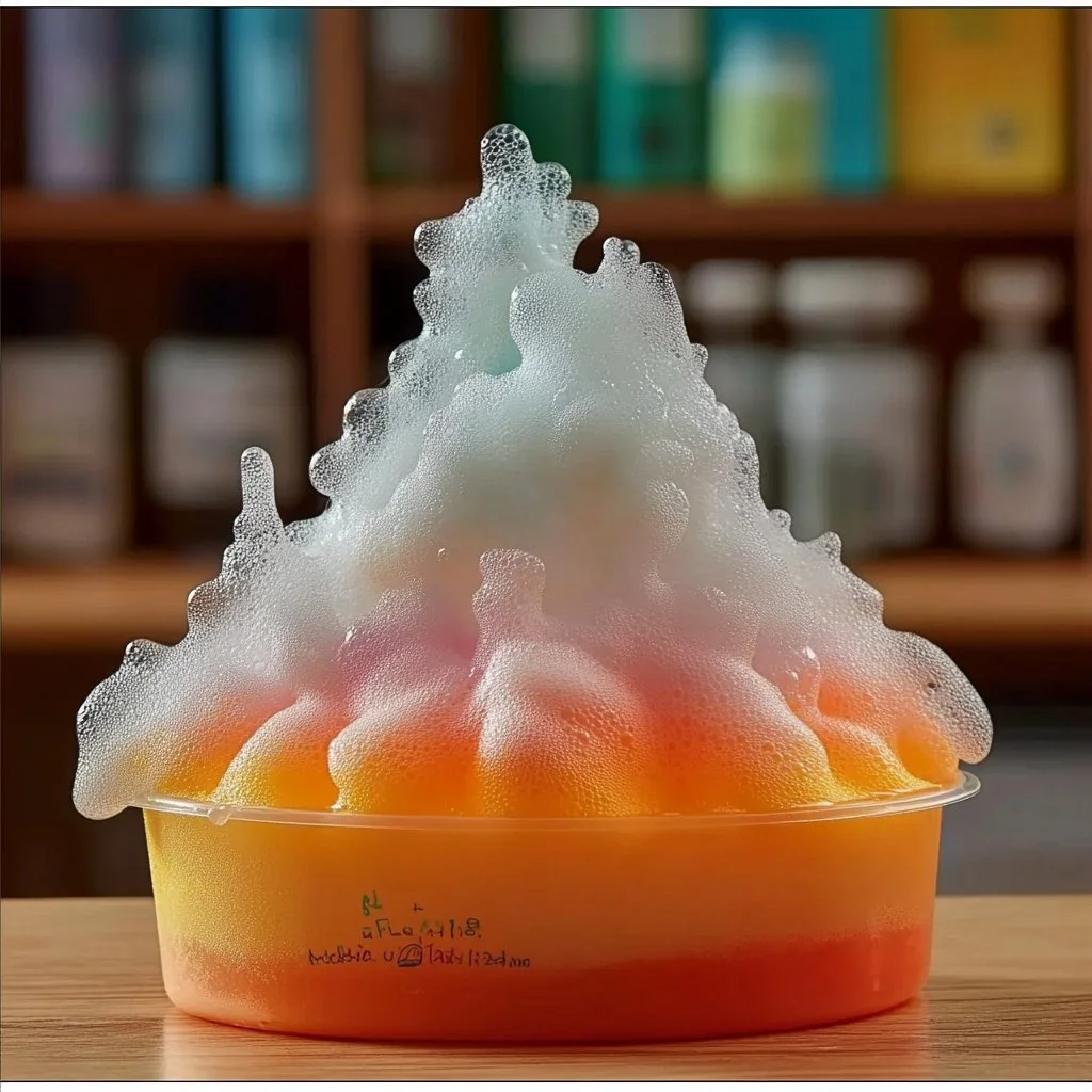 Foaming soap volcano eruption demonstration showing colorful foam explosion.