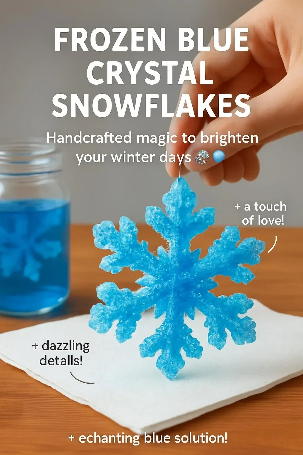 Frozen blue crystal snowflakes glistening in the winter light