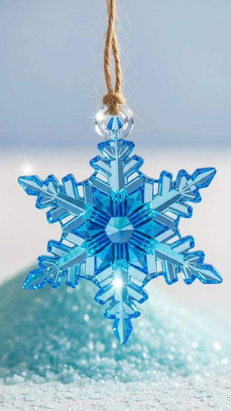 Frozen blue crystal snowflakes shining in the light, perfect for winter decoration.
