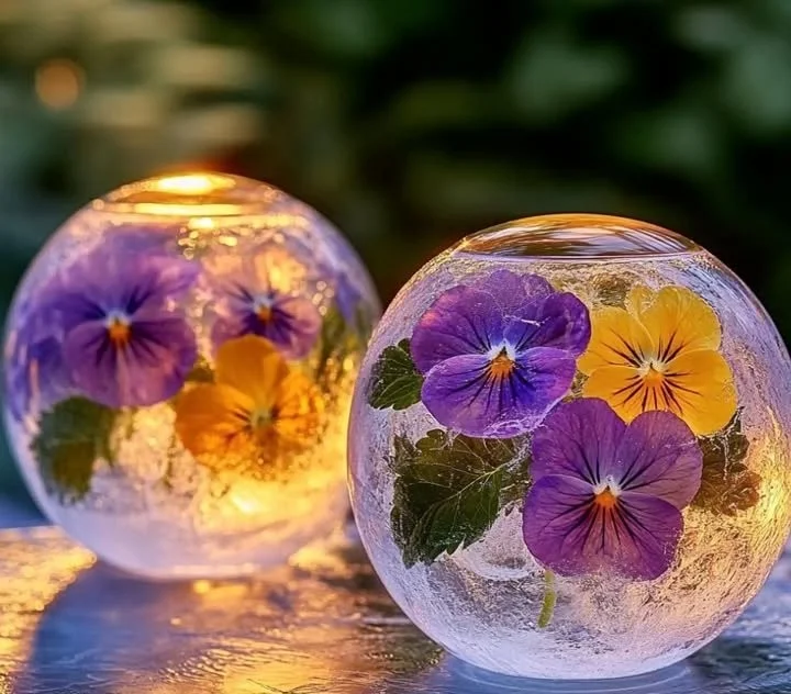 A beautiful display of frozen flower balls showcasing vibrant floral arrangements.