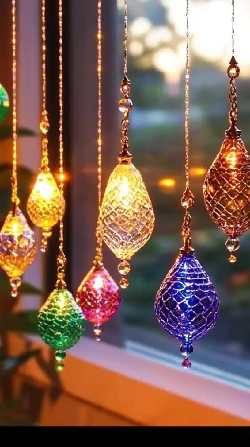Colorful glow bead suncatchers reflecting sunlight
