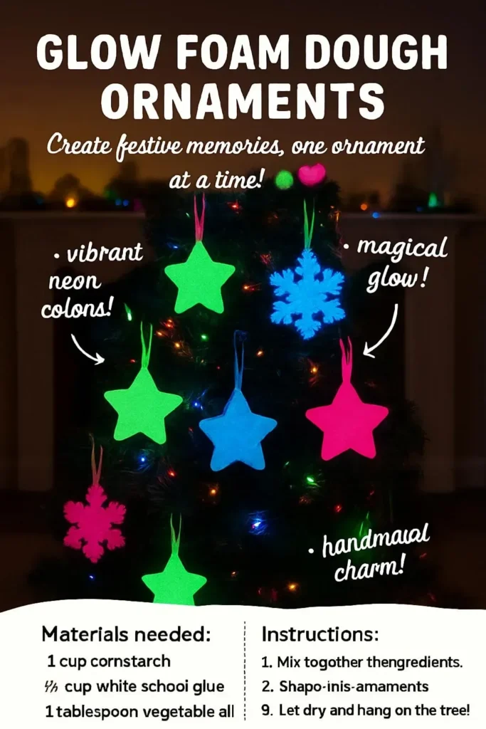 Colorful glow foam dough ornaments hanging on a festive display.