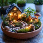 Glow-in-the-dark fairy garden with miniature decorations and plants
