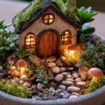 Glow-in-the-dark fairy garden with miniature decor and twinkling lights.
