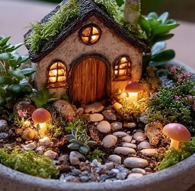 Glow-in-the-dark fairy garden with miniature decor and twinkling lights.