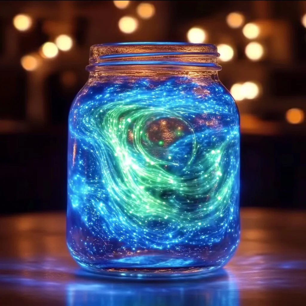 Glow-in-the-dark fireworks displayed in a jar for festive celebrations.