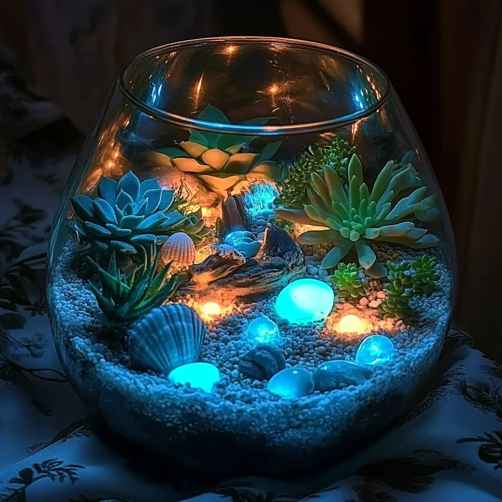 Beautiful glow in the dark terrarium with luminous plants and decorative elements.