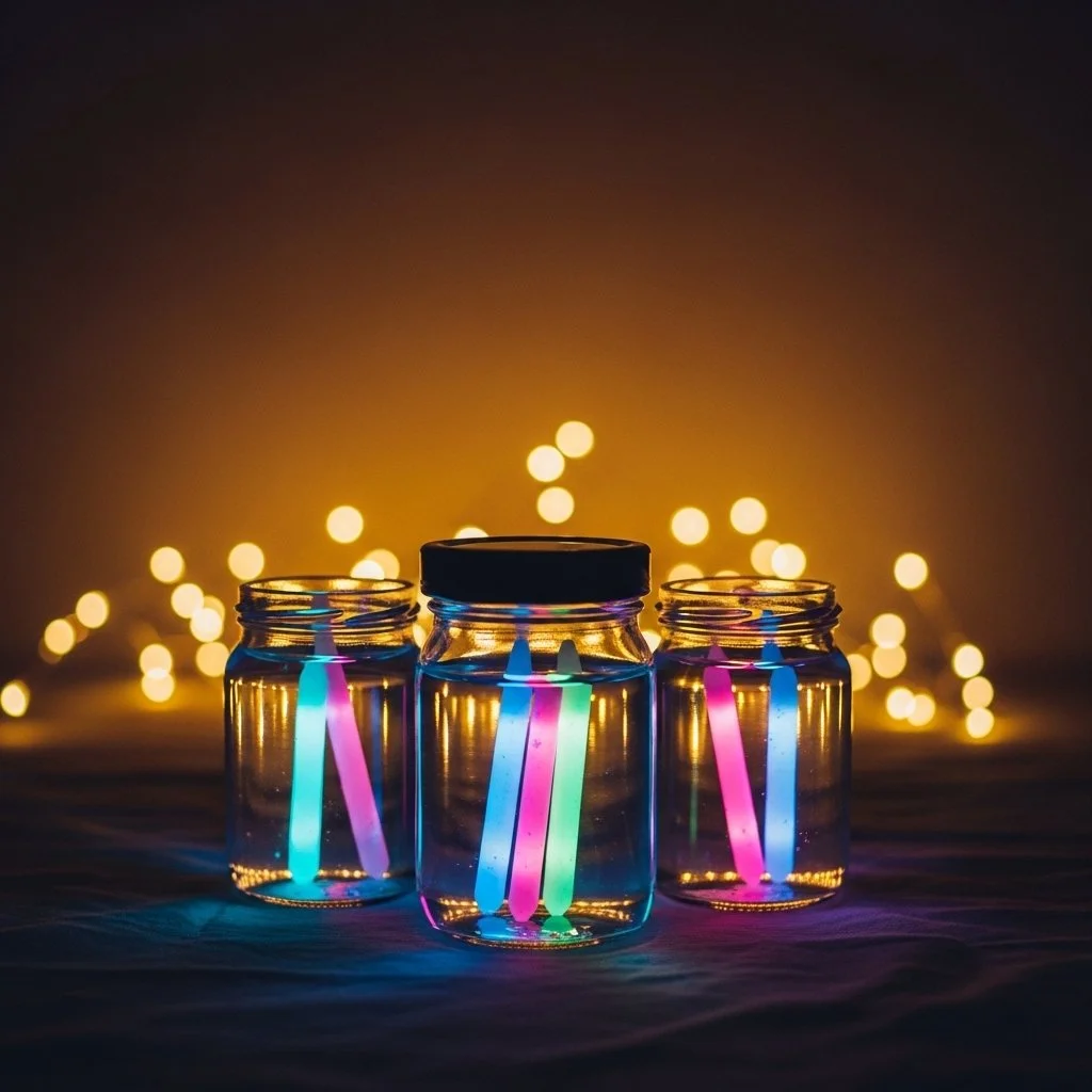 Glow stick sensory jars filled with colorful liquids for sensory play