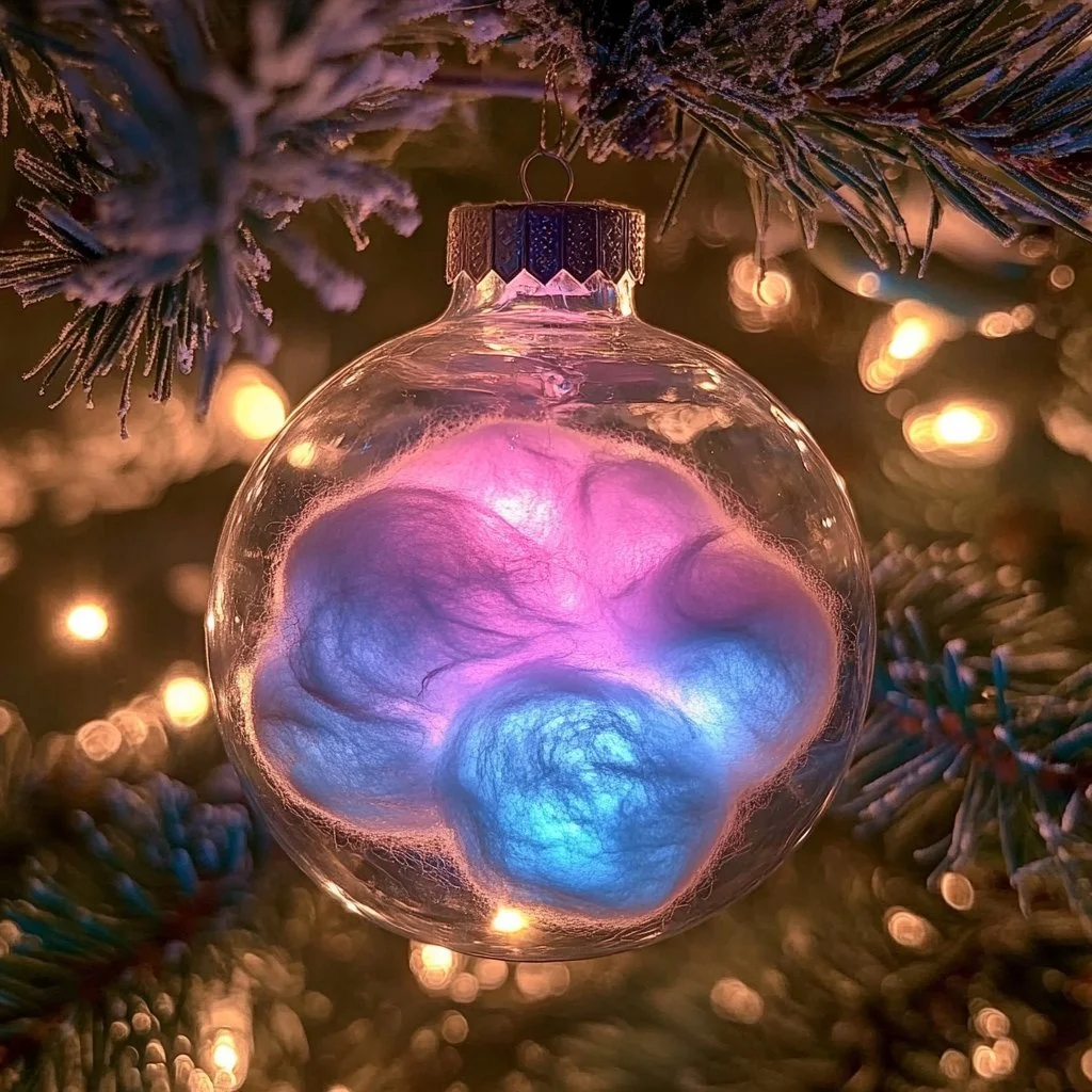 Glowing cotton candy ornaments for festive decorations.
