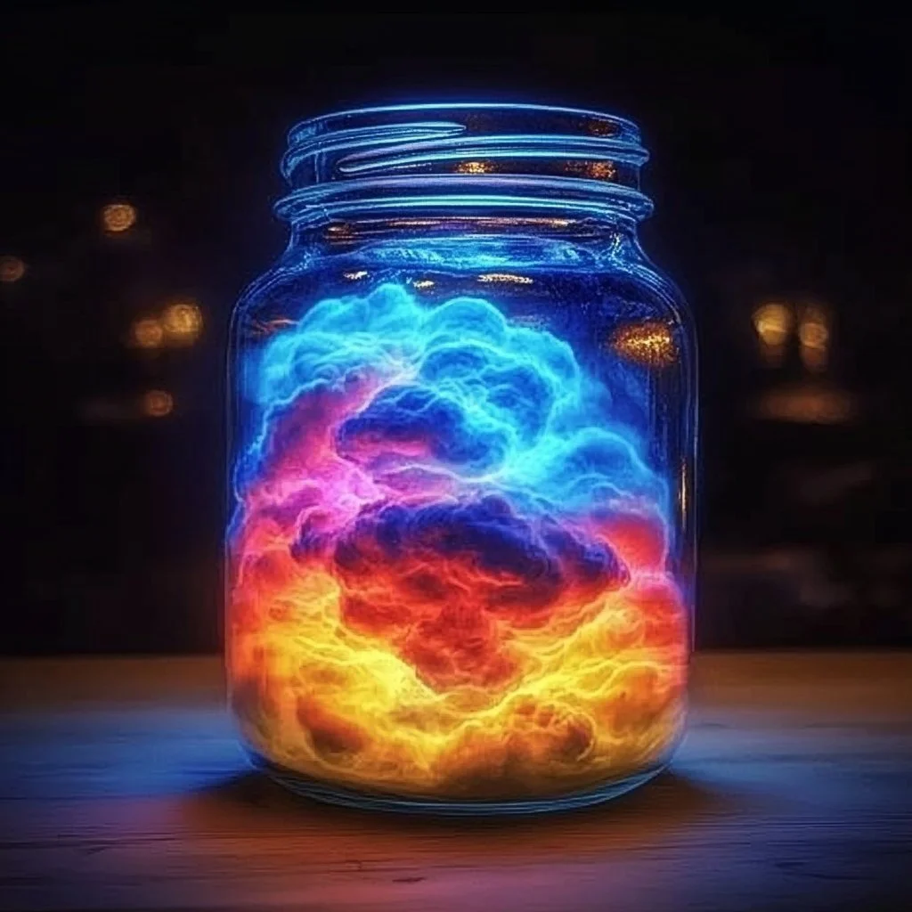 Glowing rainbow thundercloud contained in a decorative jar