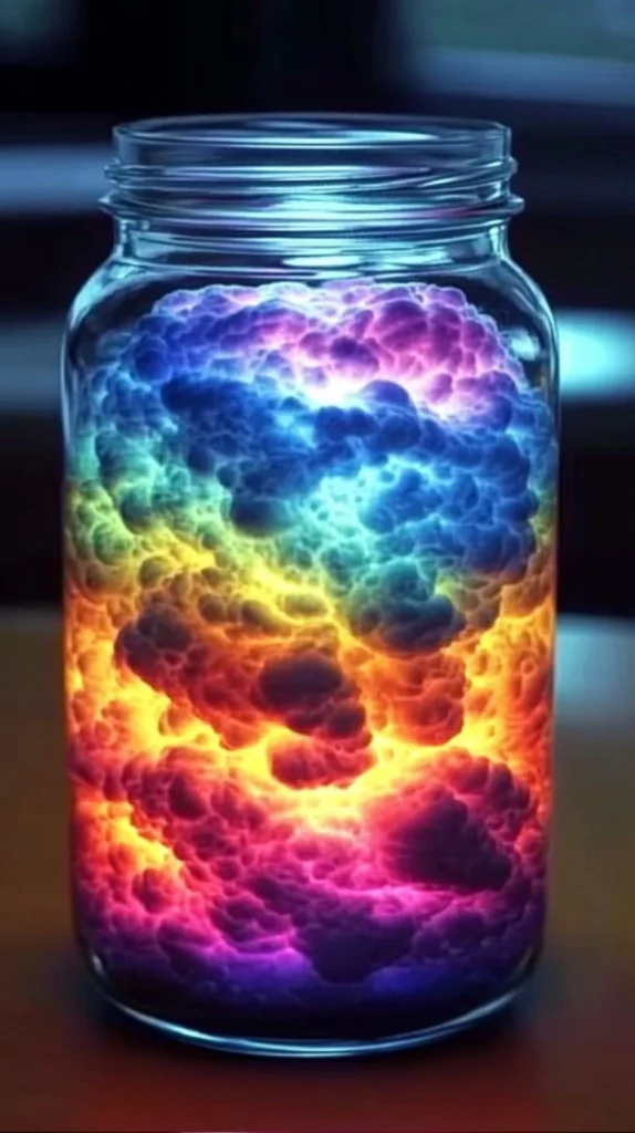 Glowing rainbow thundercloud in a jar creating a colorful storm effect.