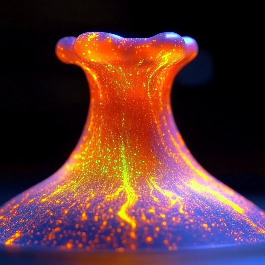 A glowing volcano experiment demonstrating a colorful eruption.