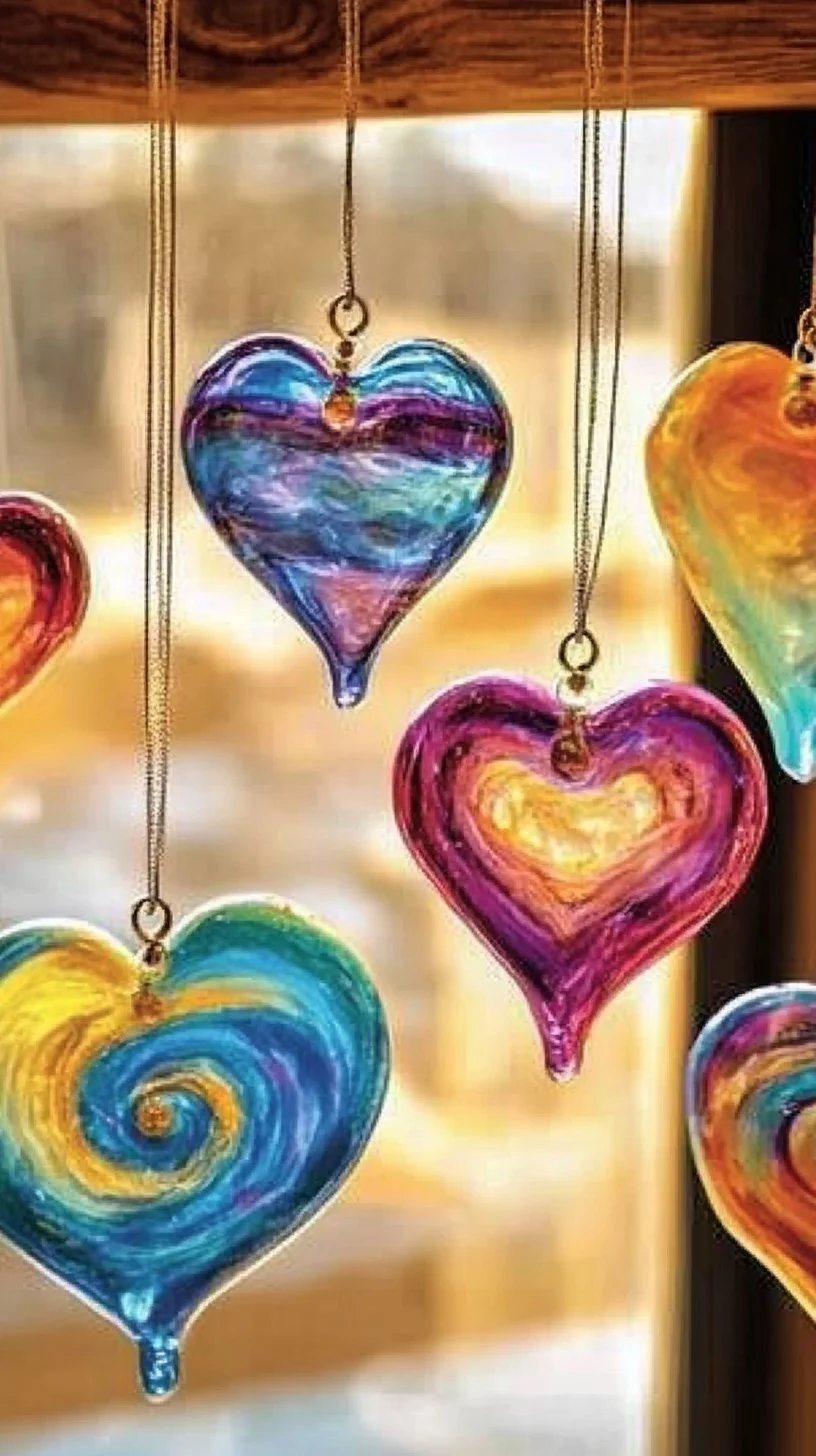 Colorful glue suncatchers hanging in a window, reflecting sunlight.
