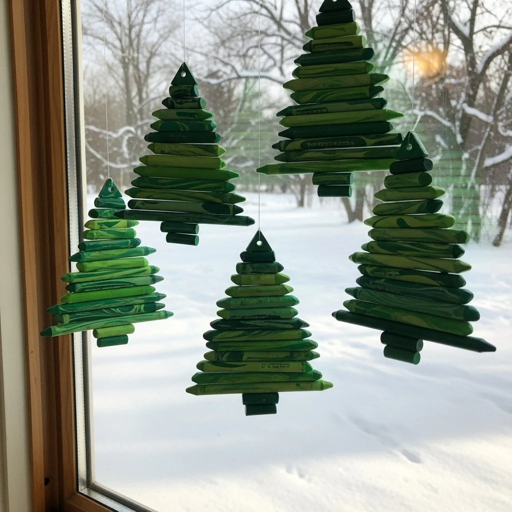 Colorful green crayon suncatchers for kids' craft projects