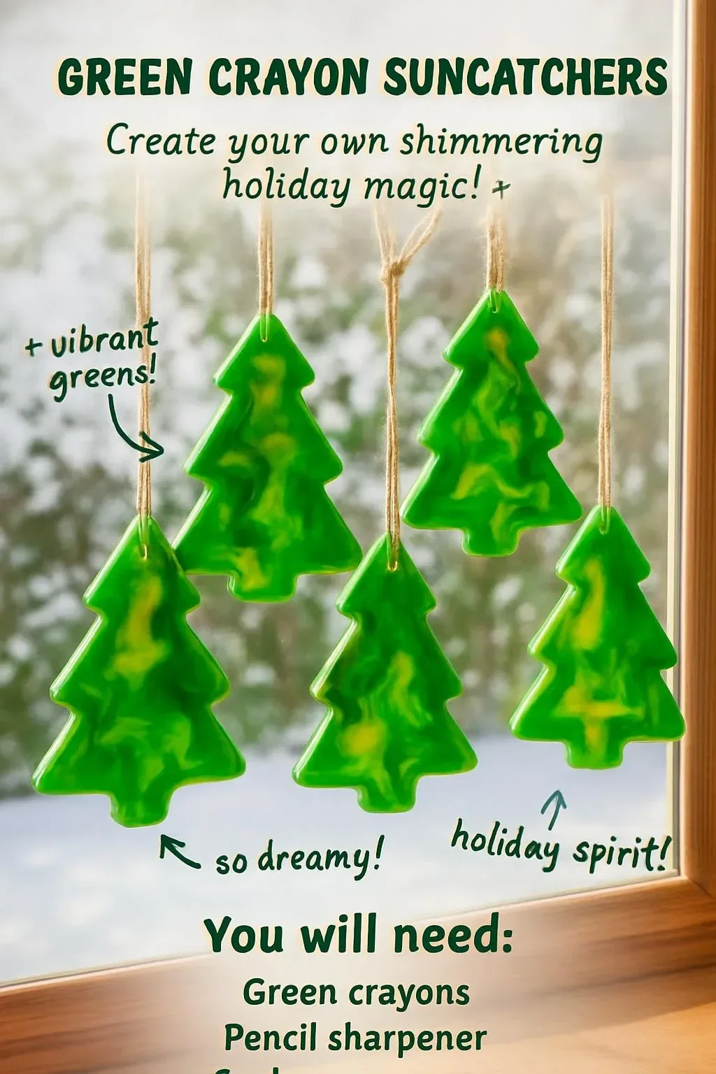 Colorful green crayon suncatchers hanging in a sunny window
