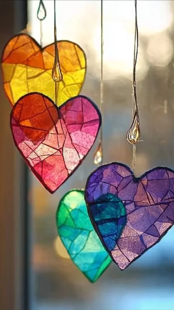 Colorful heart tissue paper suncatchers hanging in sunlight
