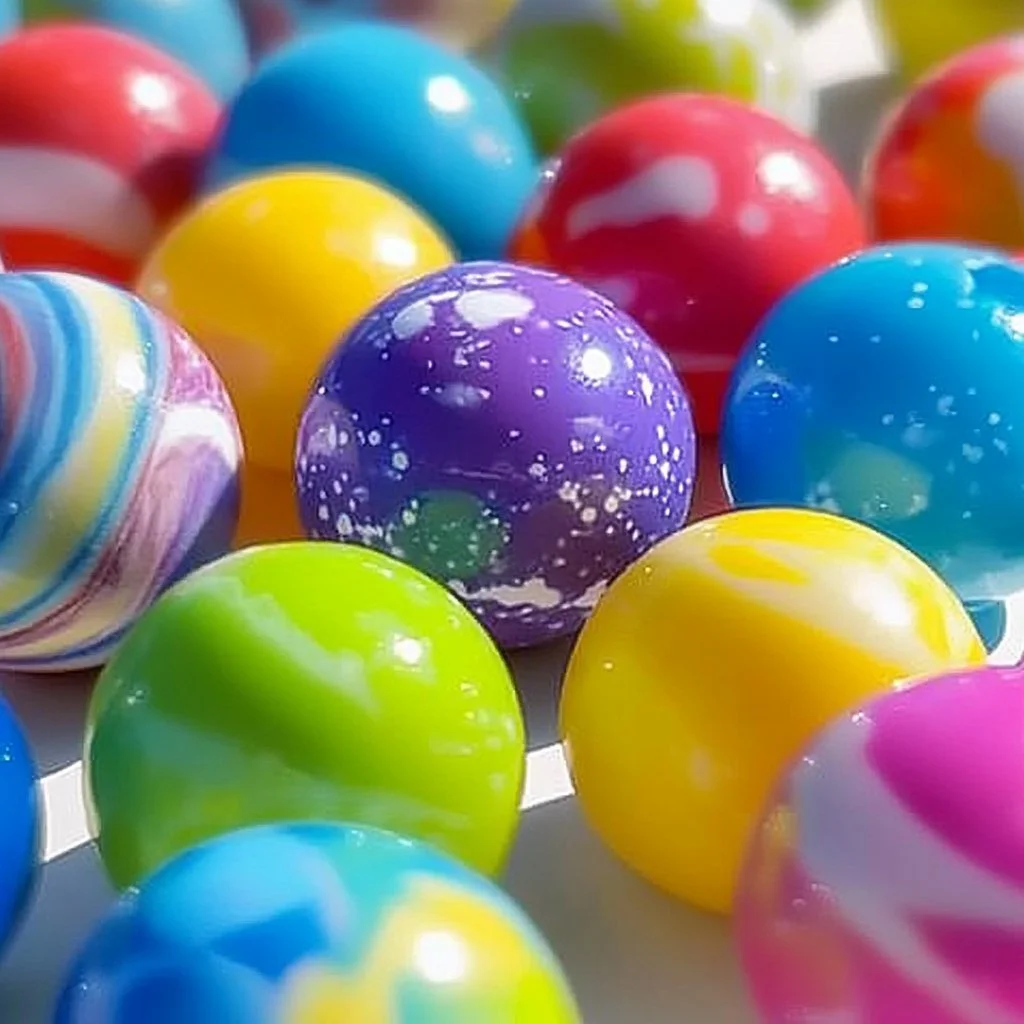 A colorful collection of homemade bouncy balls in various sizes and designs.