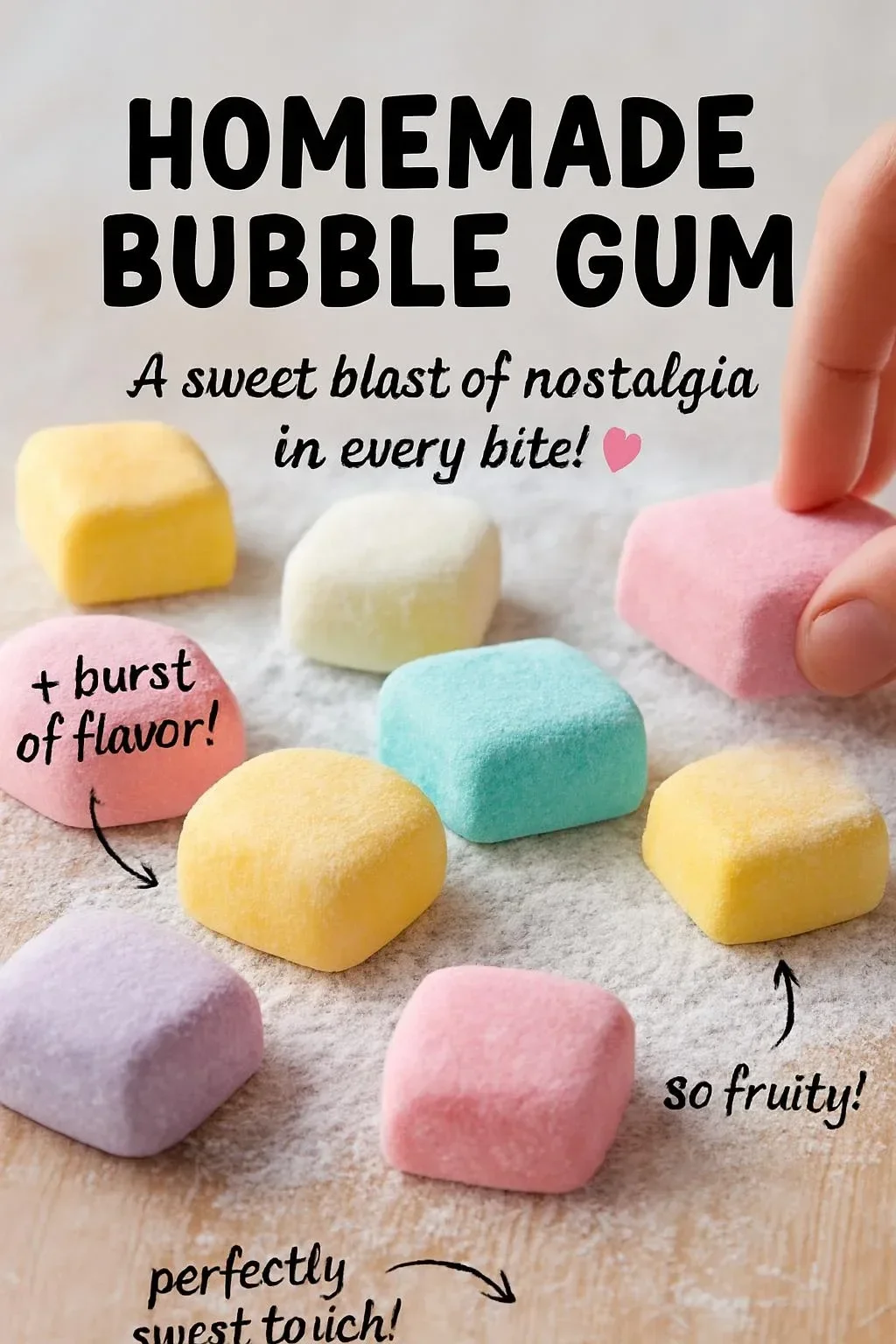 A colorful assortment of homemade bubble gum pieces on a wooden table.