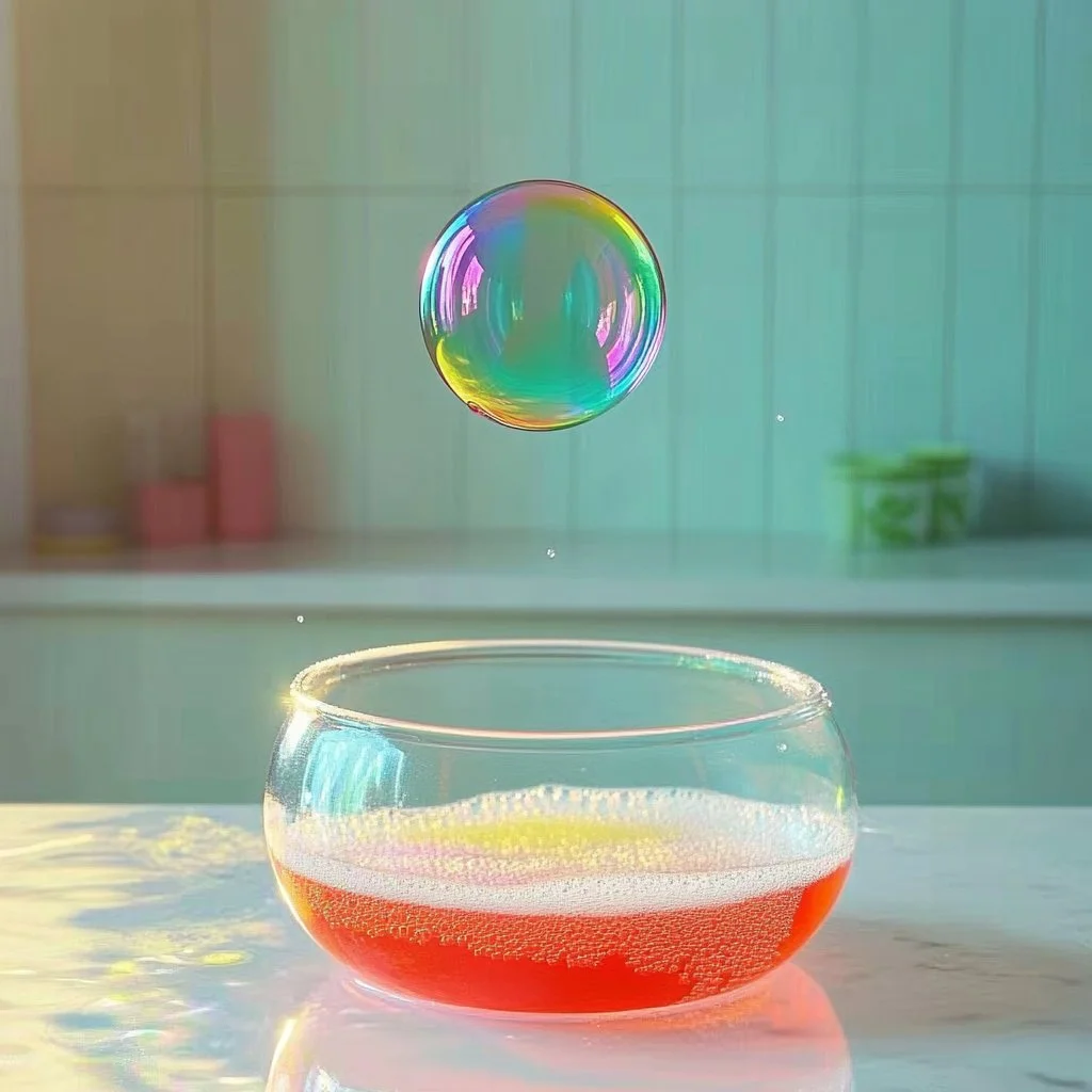 Colorful homemade bubbles floating in the sunlight
