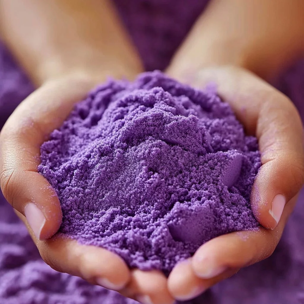 A bowl of colorful homemade kinetic sand with fun shaping tools.