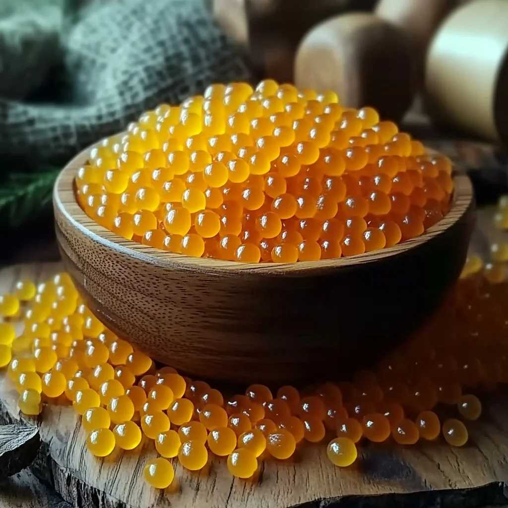 A bowl of colorful homemade popping boba ready for drinks and desserts