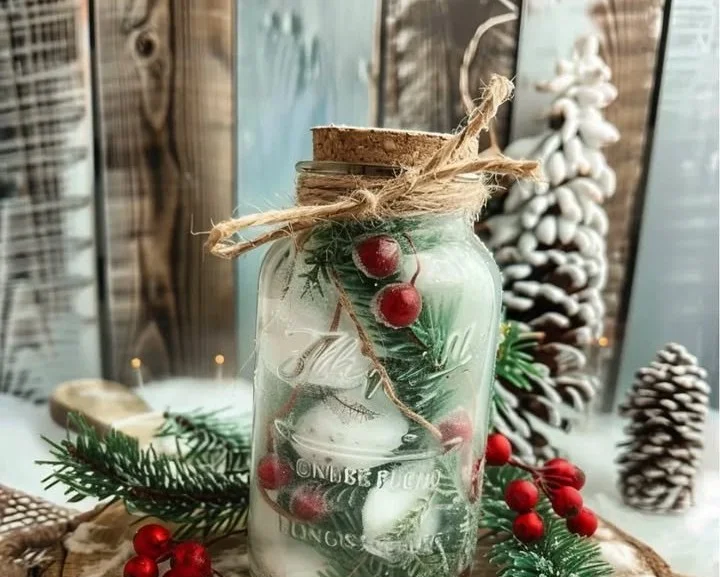 Homemade scented candles displayed with decorative elements