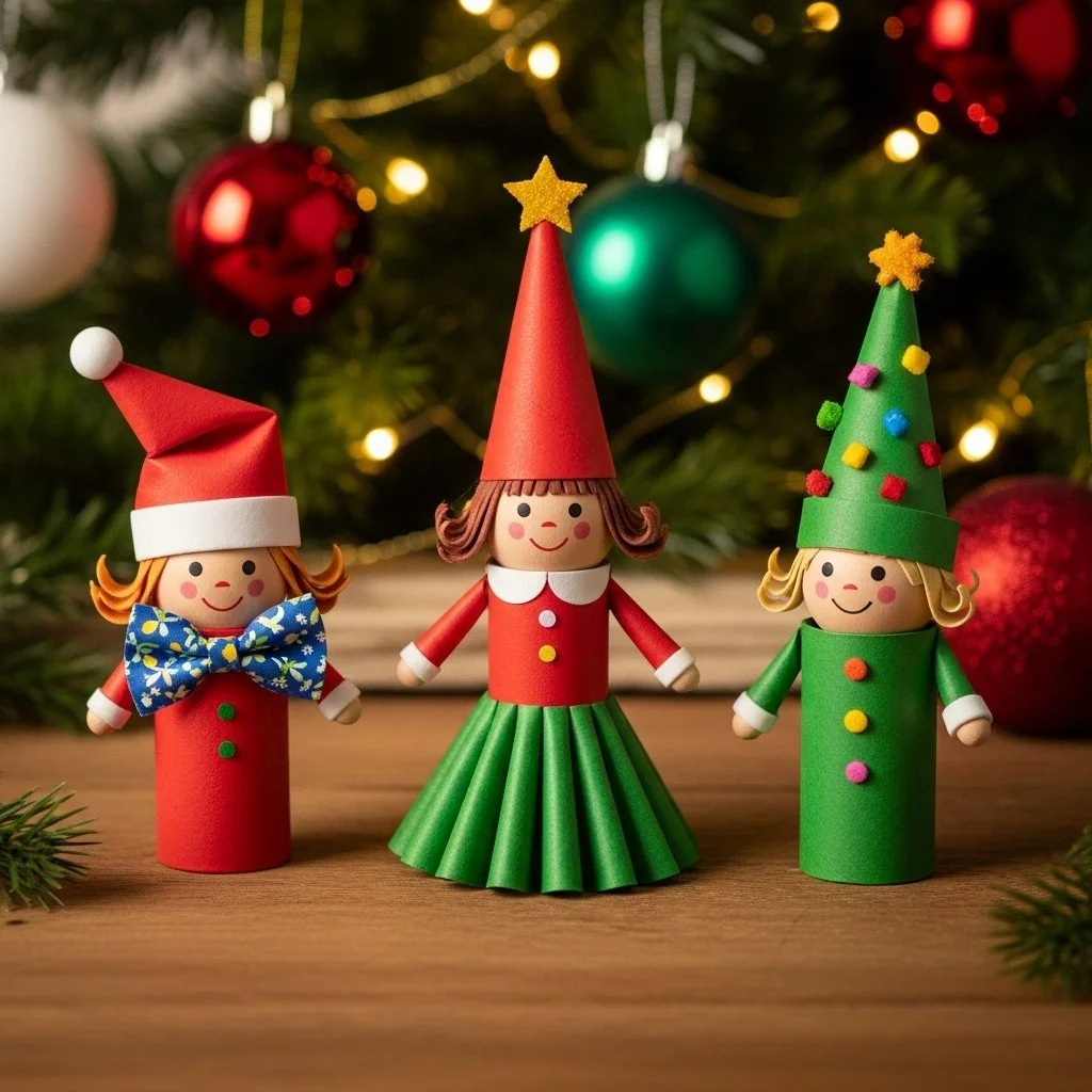 Homemade Christmas elves made from toilet paper rolls for holiday decoration.