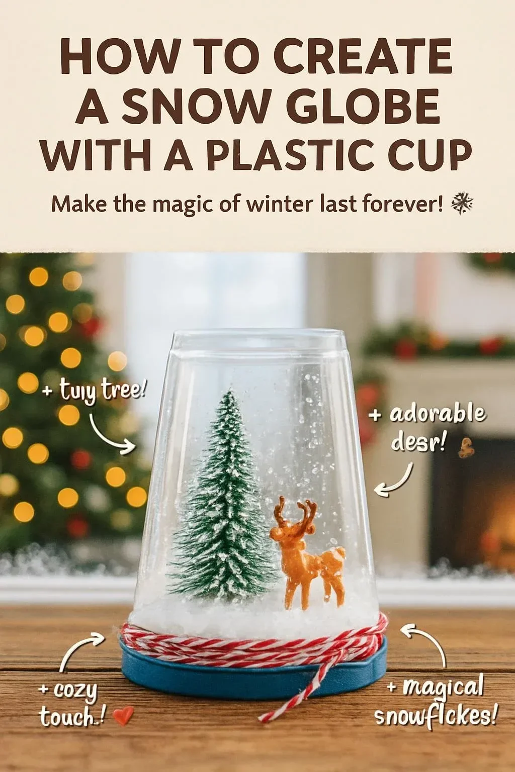 DIY snow globe made with a plastic cup and decorative elements