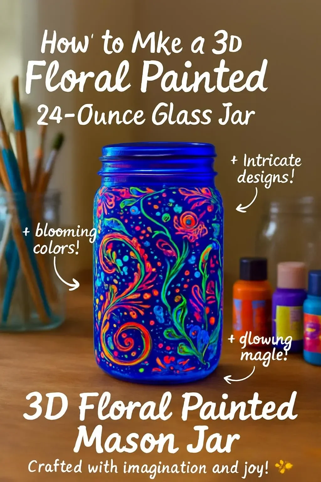 Painted 24-ounce glass jar featuring vibrant 3D floral designs