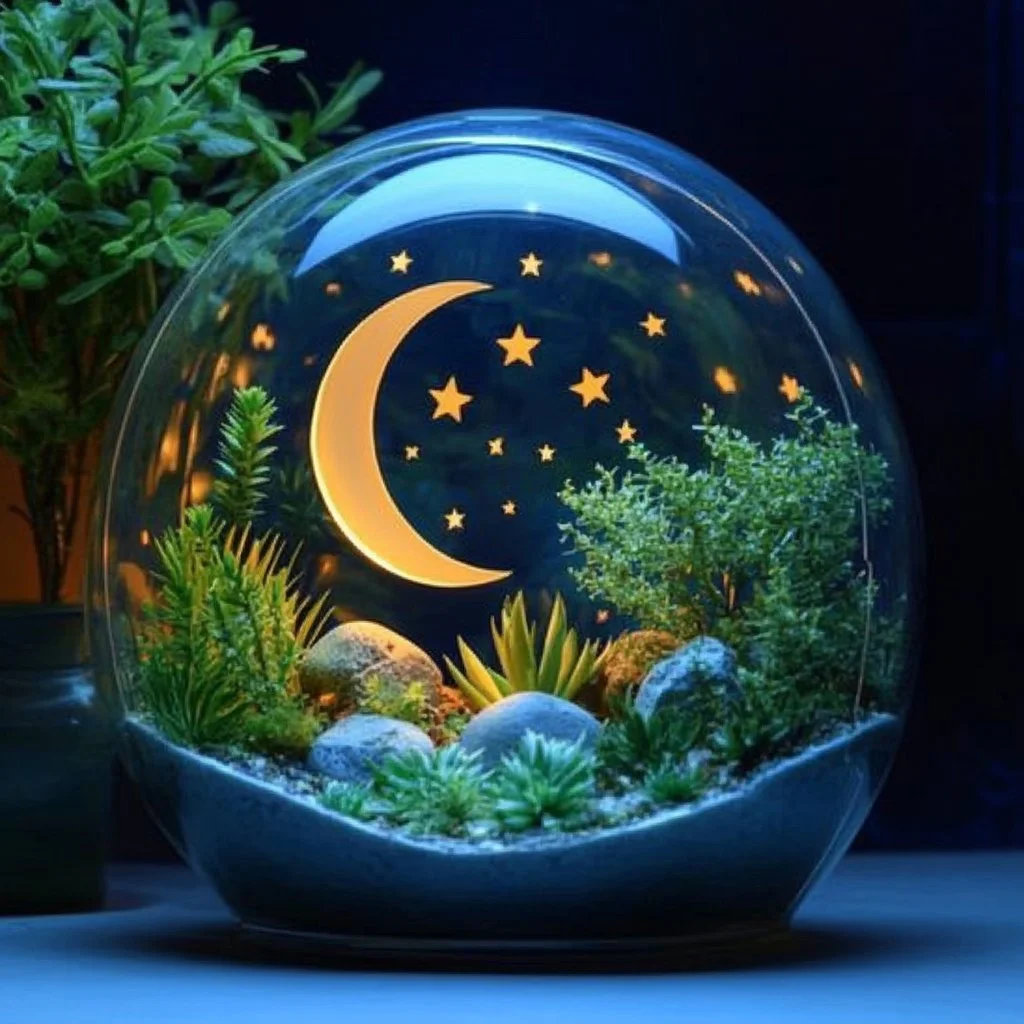 DIY glow-in-the-dark terrarium with vibrant plants and glowing elements
