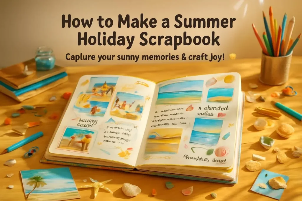 Creative summer holiday scrapbook with photos and decorations.