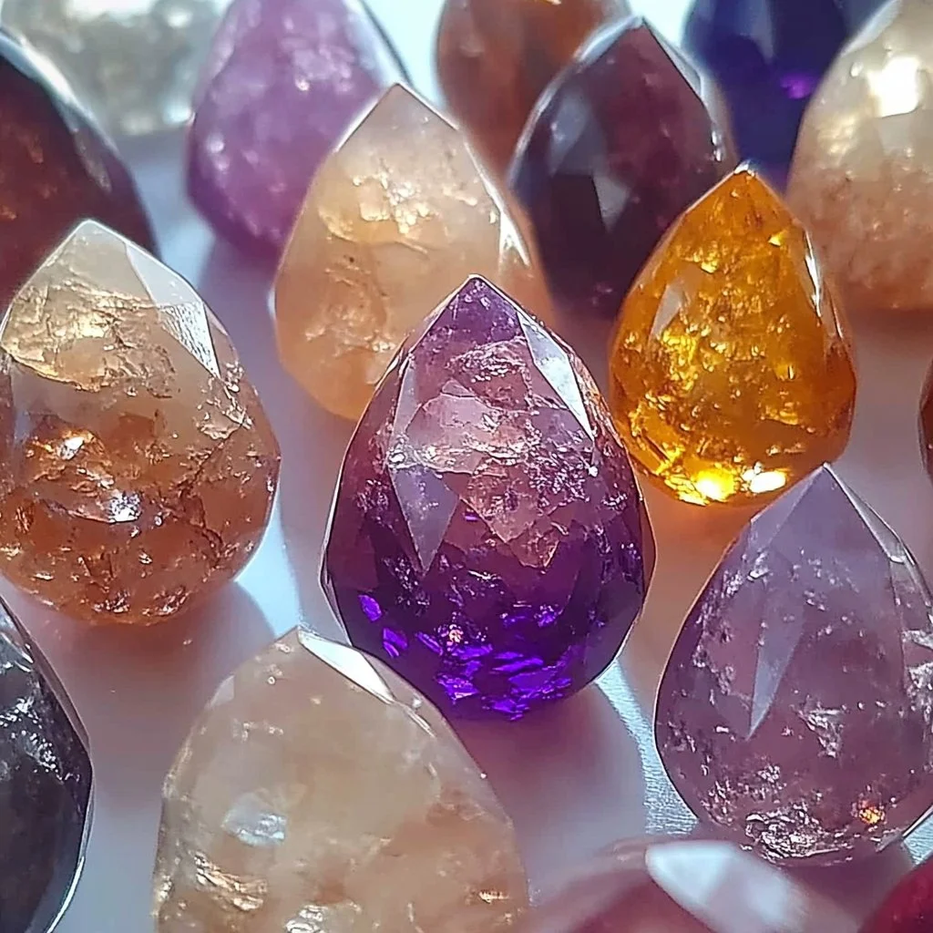 Homemade Borax crystal gems in various colors and shapes.