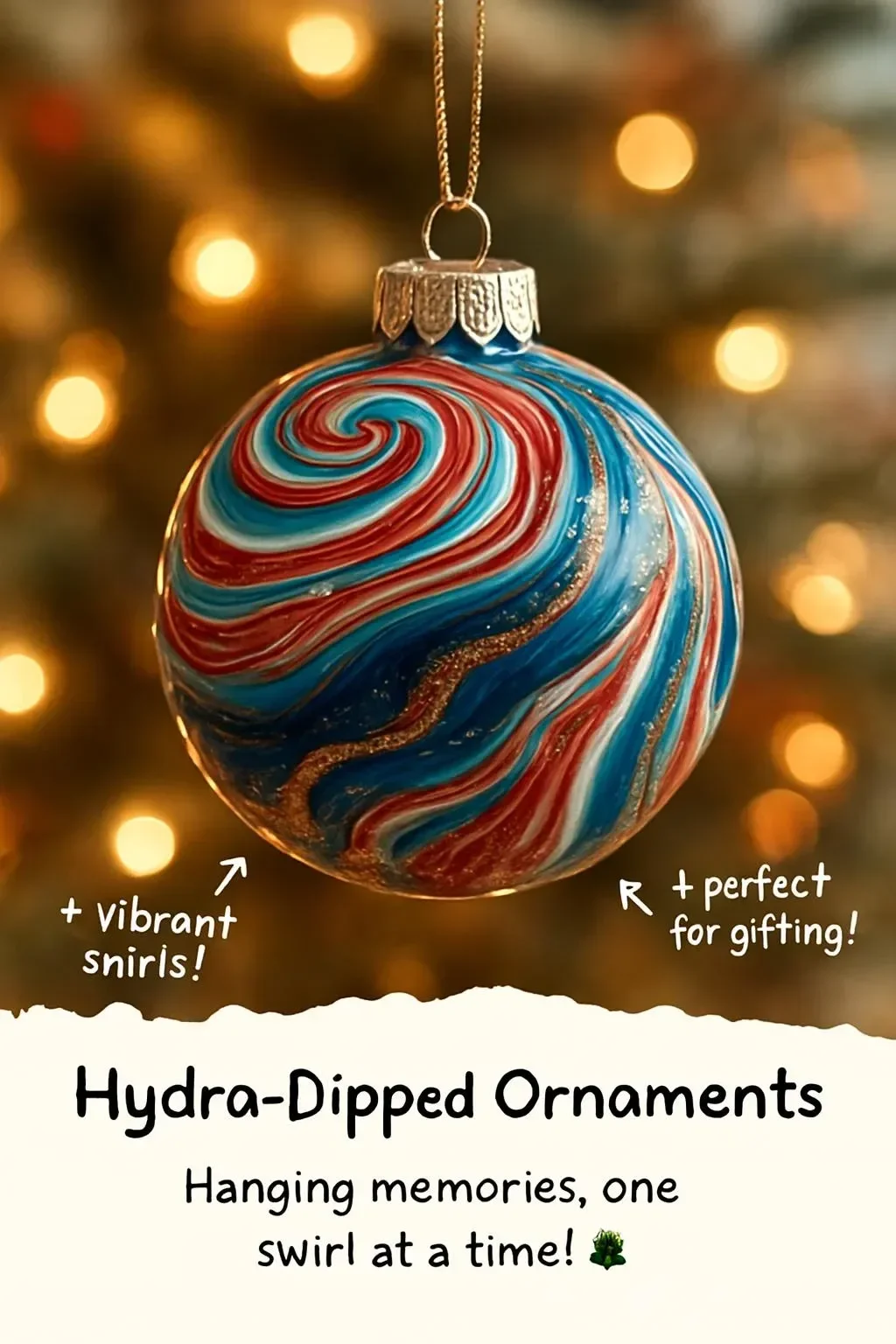 Colorful hydro-dipped ornaments for unique holiday decorations.