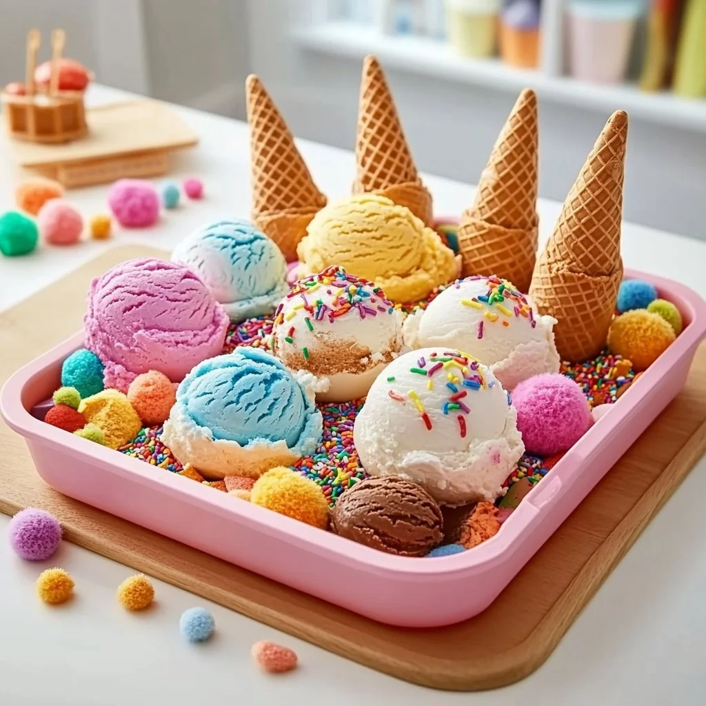 Colorful ice cream-themed sensory tray for sensory play and learning activities