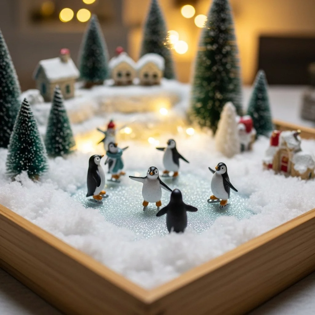 Ice skating penguins in a whimsical small world play scene.